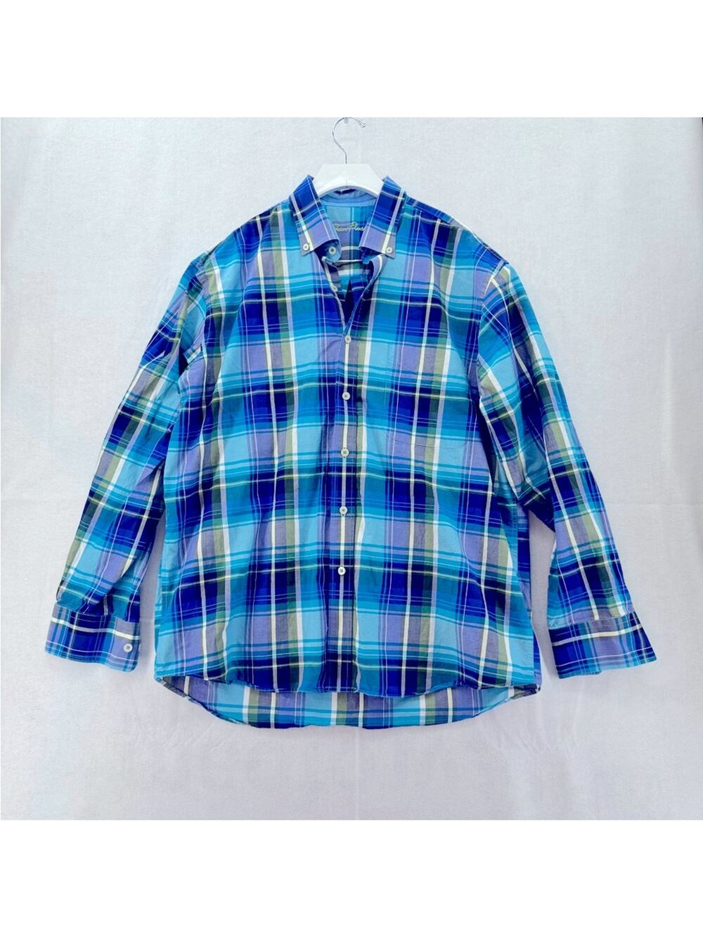 Alan Flusser Long Sleeve Button Down Mens Shirt Large 100% cotton Blue Plaid